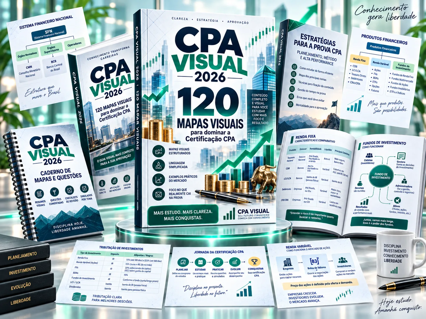 Mockup do CPA Visual 2026 com o material de 120 mapas visuais