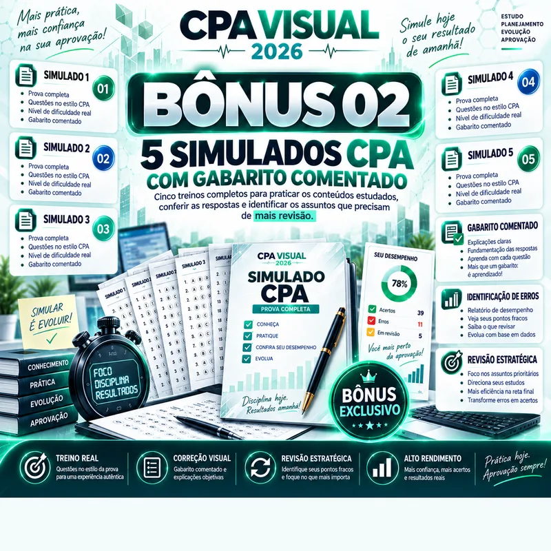Mockup do bônus 2: 5 Simulados CPA com Gabarito Comentado